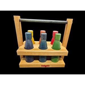 Vintage Holgate Wooden Milk Juice Bottle Caddy with 6 Wood Bottles with Tops